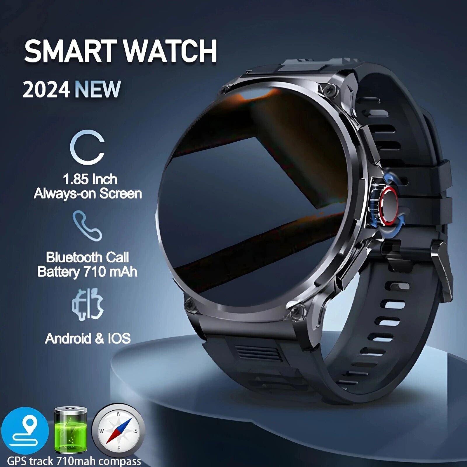 1.85" Ultra HD Smartwatch GPS Bluetooth Call Health Monitoring Watch Gym Gift