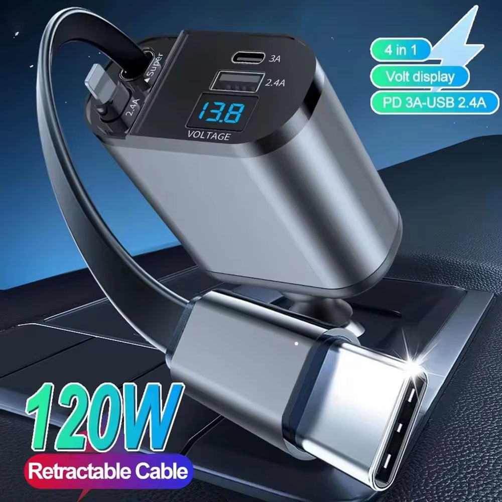 VoltRush™ 4-in-1 Retractable Car Charger – Fast Power, Zero Clutter